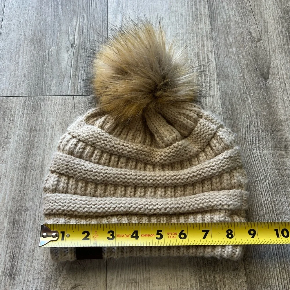 CC Beige Cable Knit Pom Pom Beanie Faux Fur Winter Hat Chunky OS